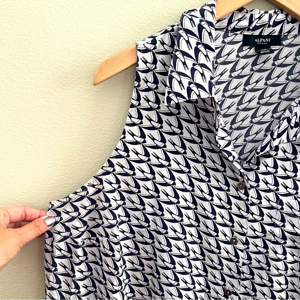 Alfani Sleeveless Shirt Dress, A-Line, Navy/White Bird Pattern, Size 18W, EUC